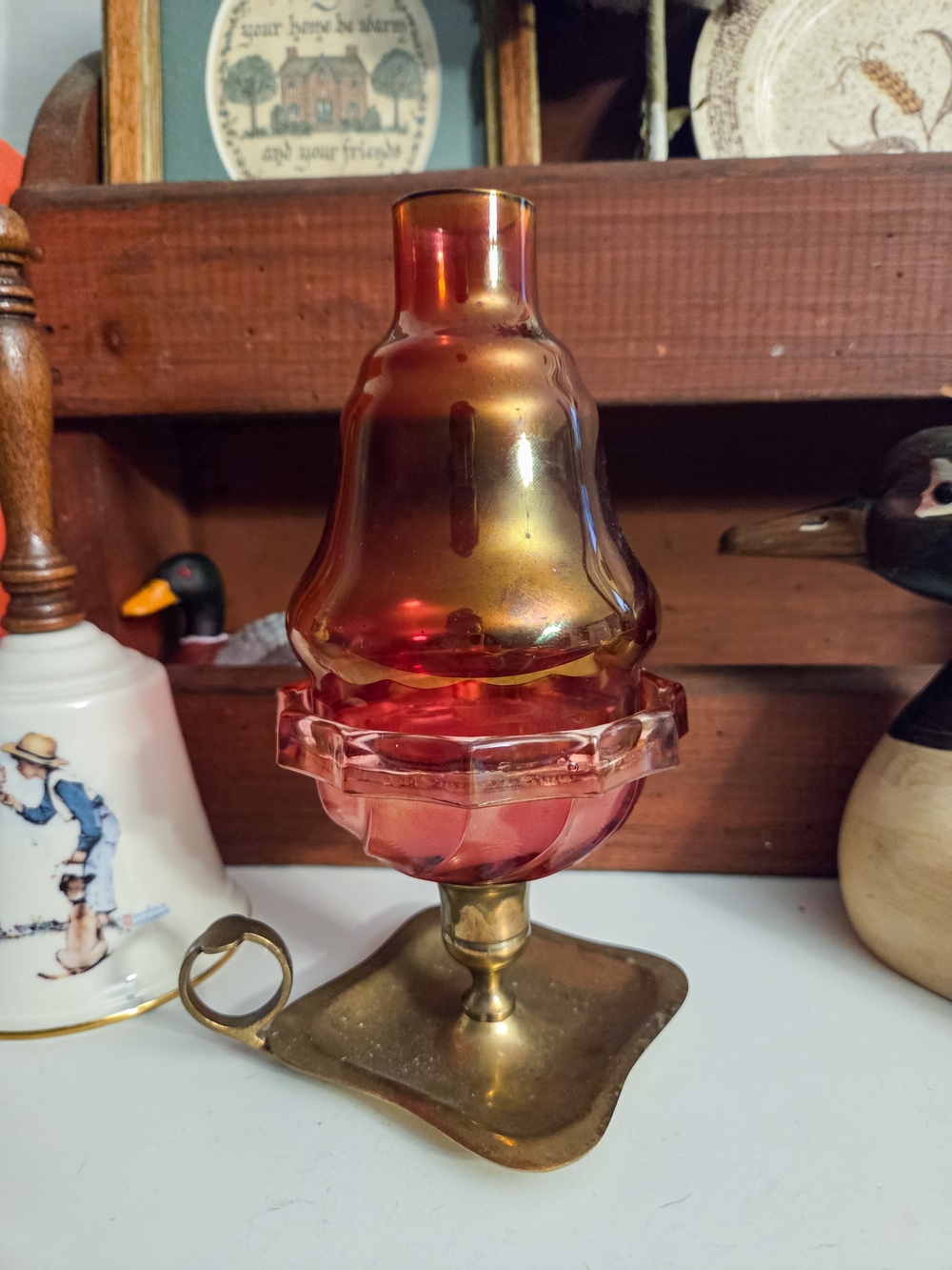 Fostoria Fairy Lamp Amber-Red Glass Candle Peg Lamp